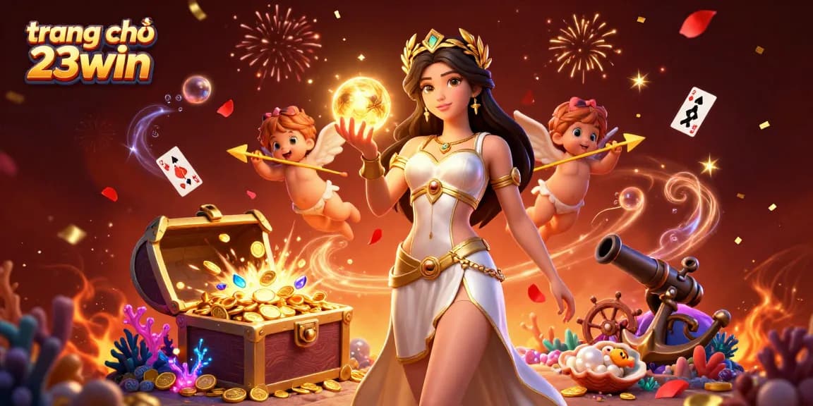 Experience the excitement at trang chủ 23win with a vibrant 3D casino scene filled with games and celebration.