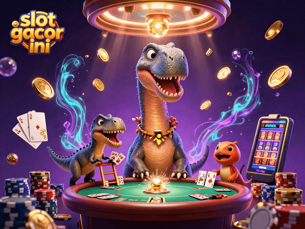 Visualisasi menarik slot gacor malam ini dengan dinosaurus 3D dan elemen kasino dinamis lainnya