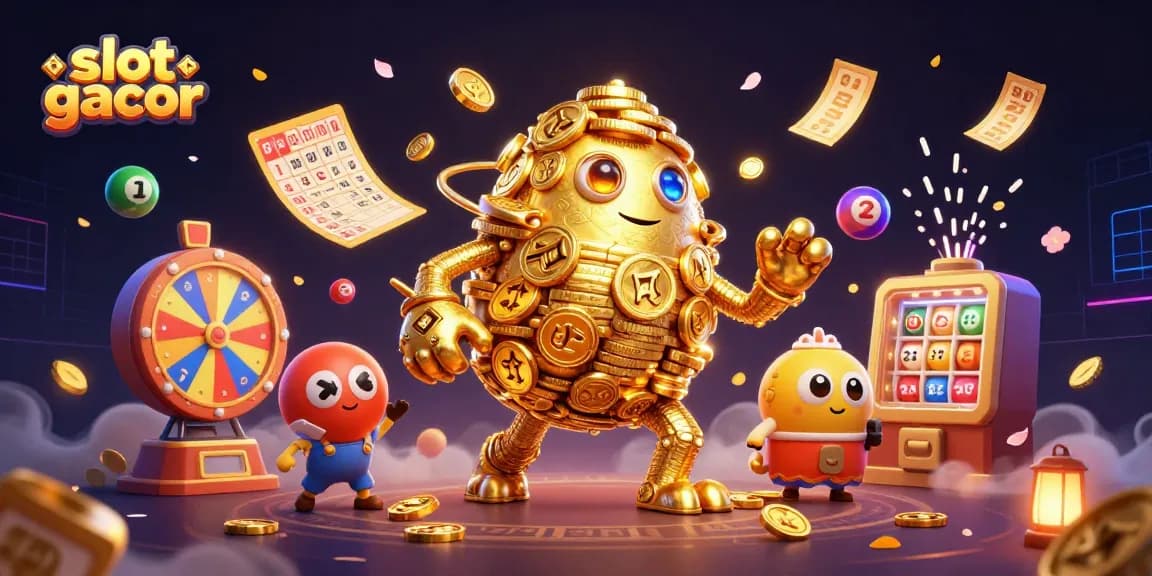 Visualisasi slot gacor dengan golem berlapis koin emas dan bola lotere yang dinamis.
