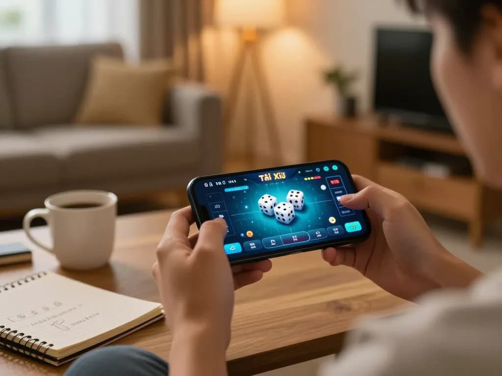 Tài Xỉu gaming action displayed on a smartphone in a cozy home environment, emphasizing strategic play.