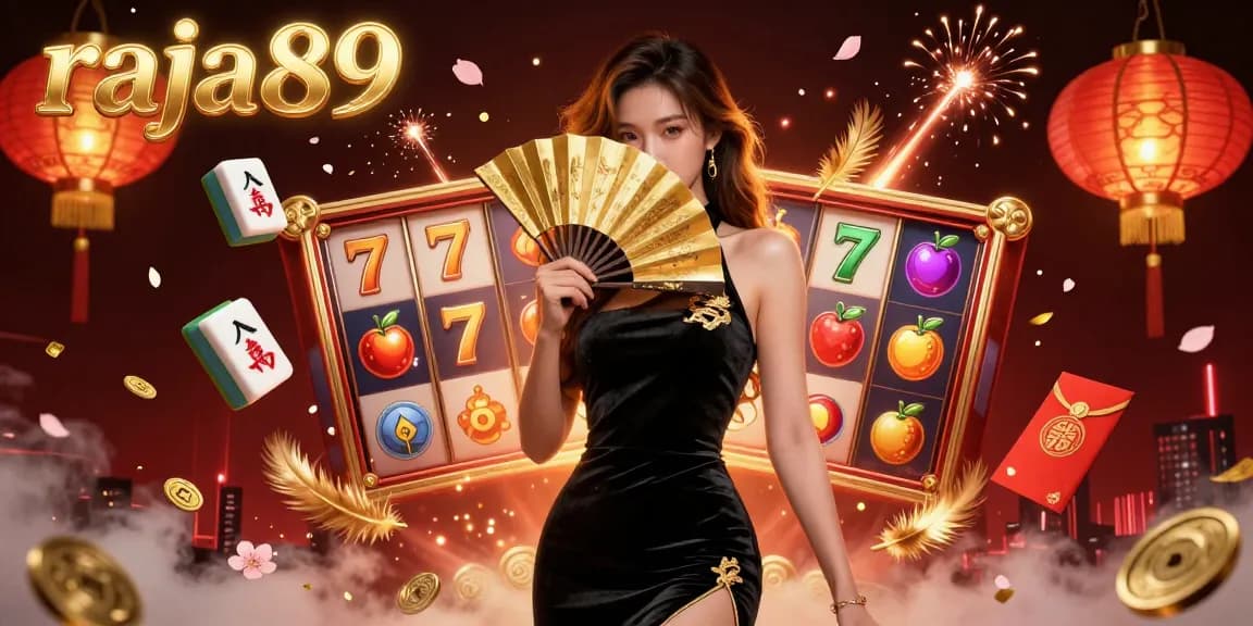 Spin the slots with raja89, featuring a glamorous woman and vibrant casino elements.