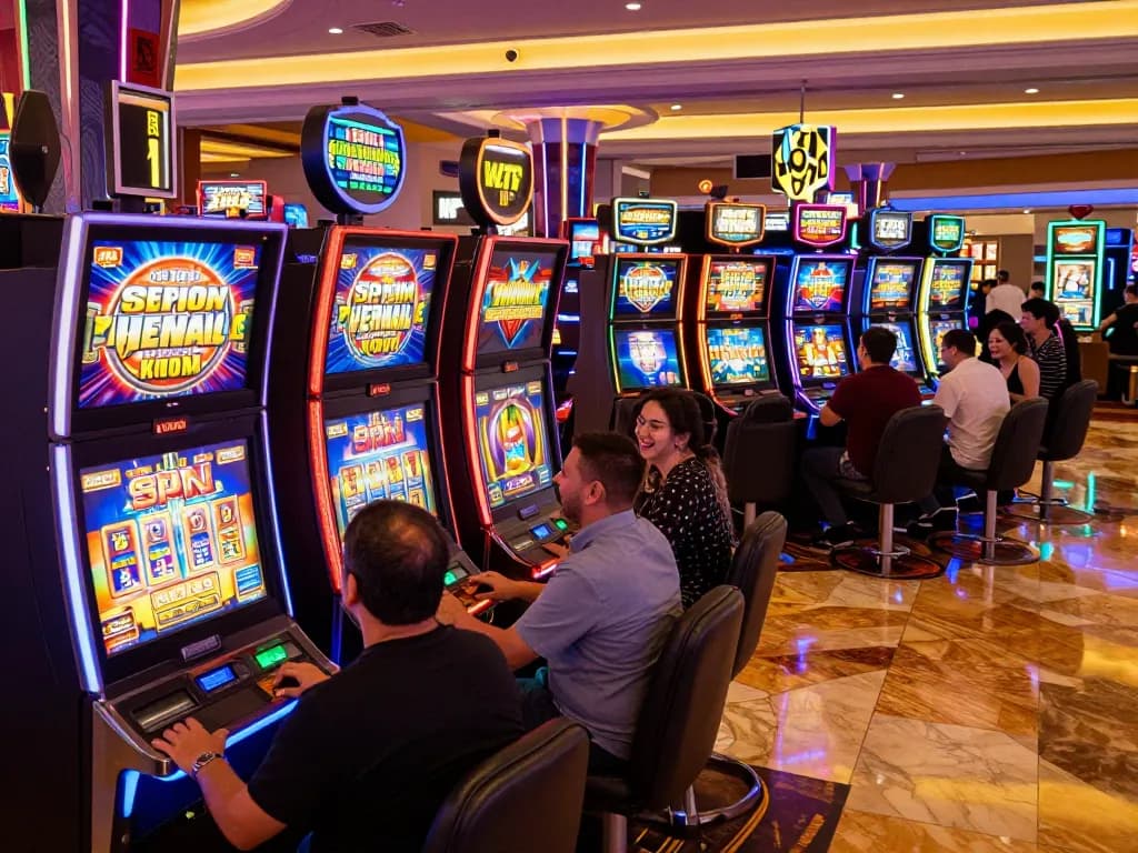 Engaged players pulling lever on mpoid slot machines in lively casino atmosphere