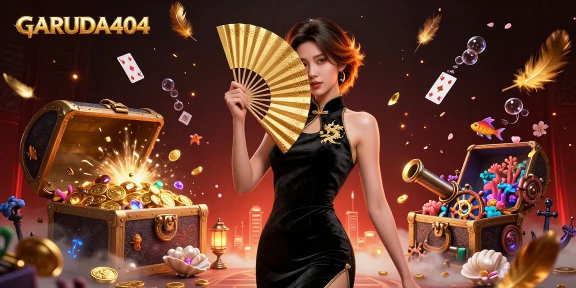 Experience the vibrant allure of GARUDA404 with a captivating online gaming illustration surrounded by casino treasures.