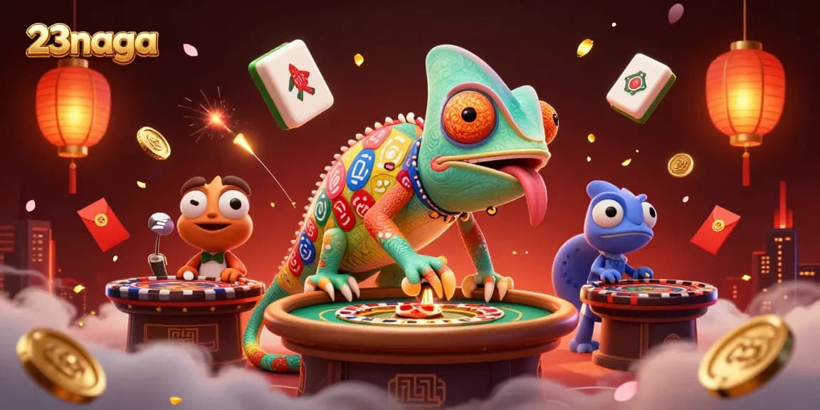 23naga, pemilik kasino chameleon besar yang menangkap koin emas dalam ilustrasi 3D yang menarik.