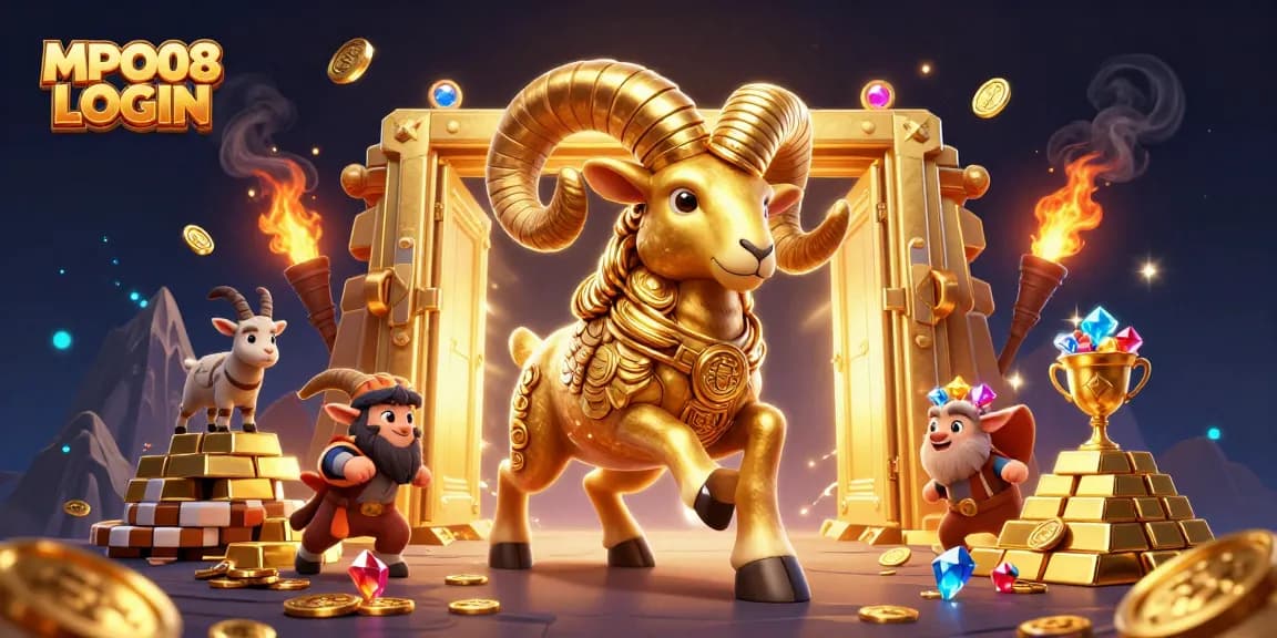 MPO08 LOGIN showcasing an energetic casino scene with golden ram and treasure vault elements.