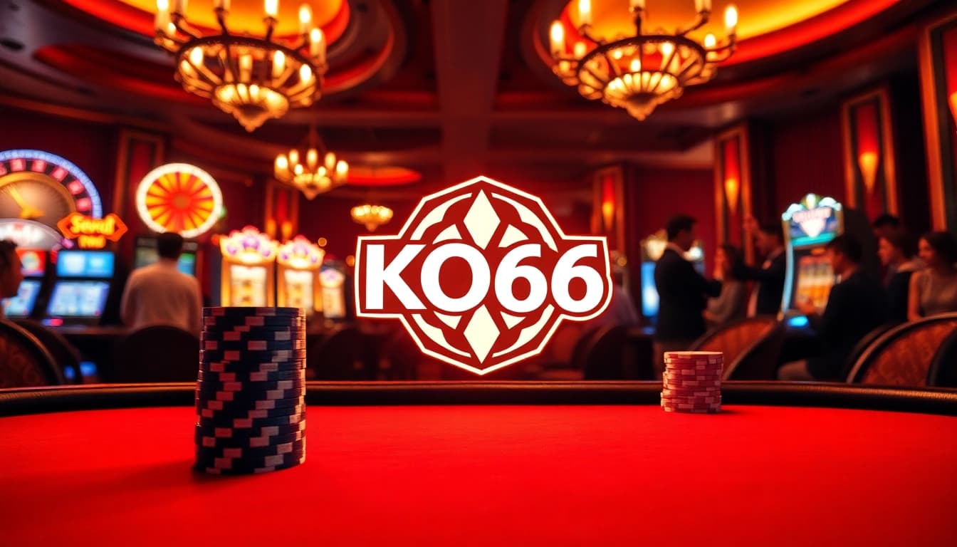 Logo KO66 tỏa sáng khi những chip poker chất đống trên một bàn cược cao, thể hiện sự hồi hộp của cờ bạc.