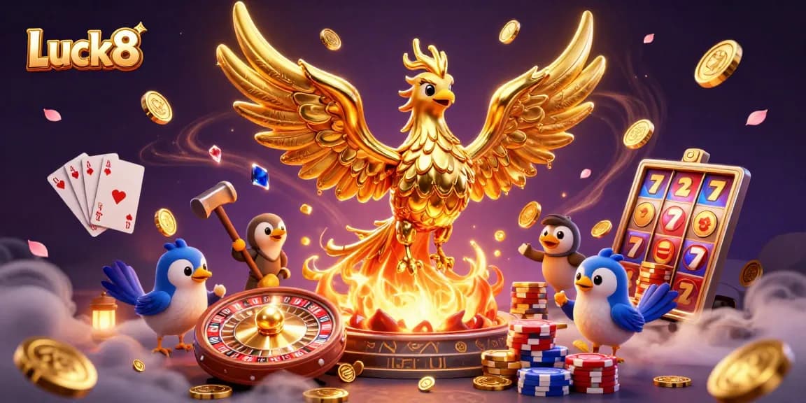 Experience Luck8's vibrant gaming universe with golden phoenix and casino elements.