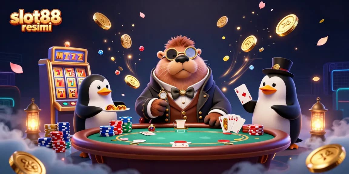 Menggambarkan slot88 resmi, permainan taruhan menyenangkan di bawah laut dengan walrus, penguin, dan ikan putar.