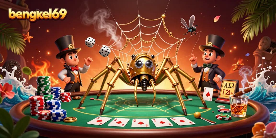 Bengkel69 showcases a vibrant steampunk scene with gambling elements including poker chips and a playful spider.