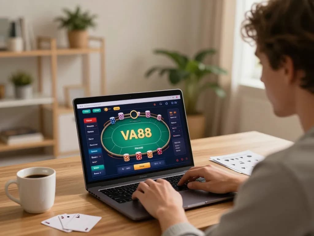 Player immersed in VA88 online poker game at home, showcasing strategic betting practices.