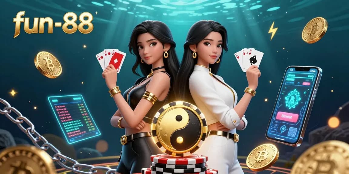 Engage with fun-88 at an upscale casino digitally illustrated with twin sisters holding cards amidst vibrant gaming elements.