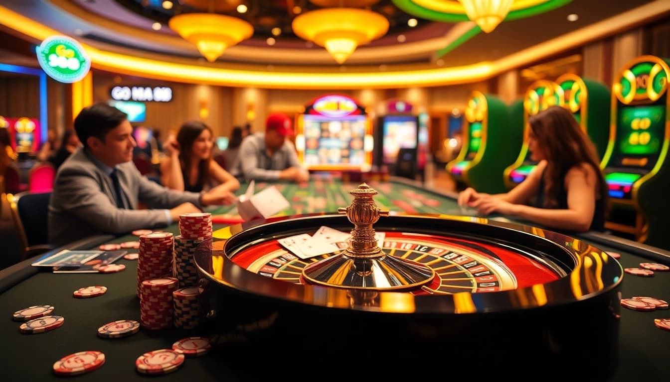 Gambling excitement at go 88 casino with chips, cards, and roulette wheel.