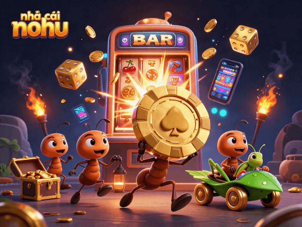 Experience the excitement of nhà cái nohu with ants stealing a giant poker chip amidst vibrant casino elements.