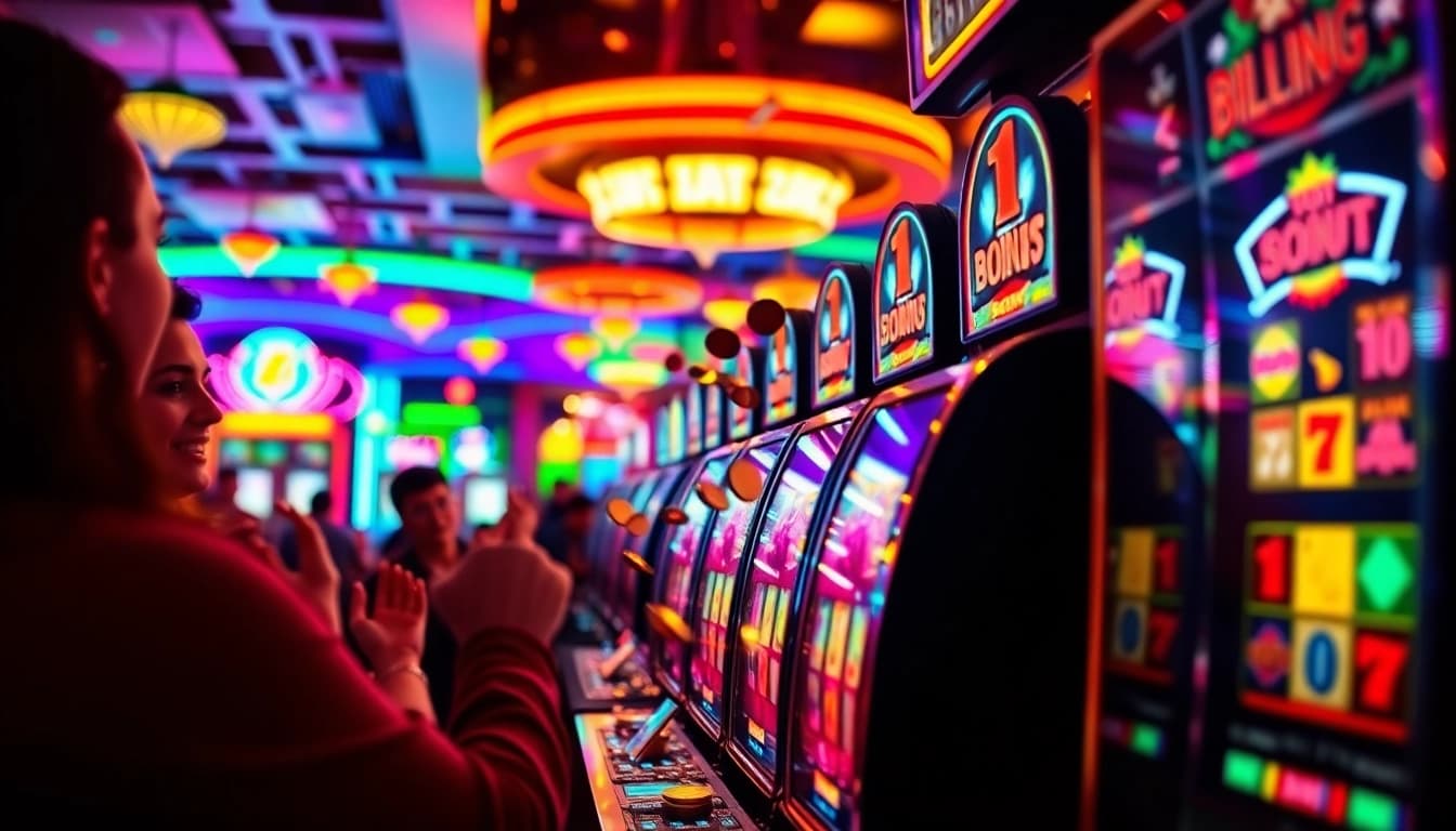 Putaran slot yang menarik di kasino dengan pemain bersorak.