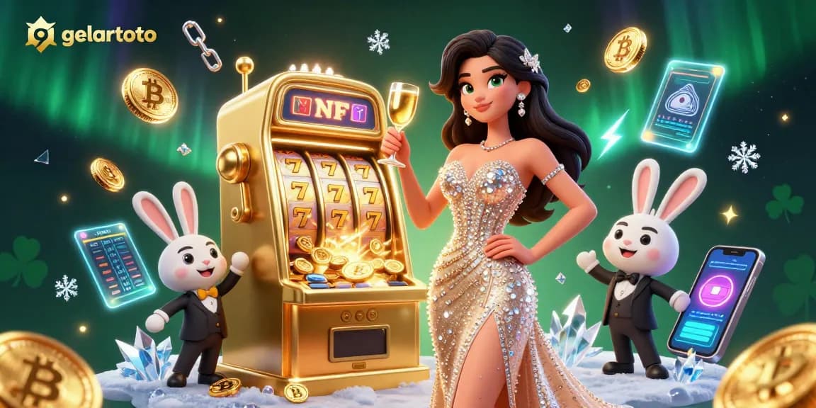 Engage with the gelartoto jackpot scene featuring a glamorous woman celebrating beside a coin-exploding slot machine.