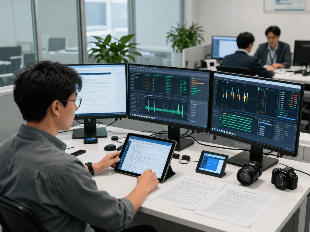 Analyst performing document fraud detection analysis in a modern lab.