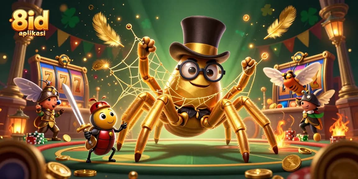 Experience thrilling gameplay with the 8id aplikasi featuring a giant tarantula and beetle knight in a vibrant casino.