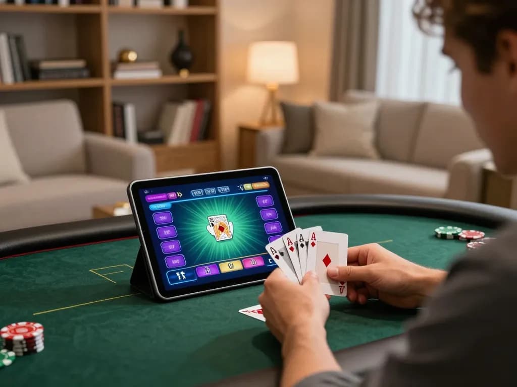 Player engaged in Situs MPOID online poker game on tablet in a cozy living room setting