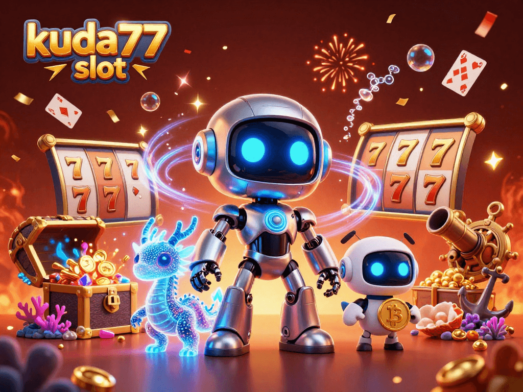 Memenangkan kuda77 slot dengan robot cyberpunk dan naga holografis dalam antrean jackpot dan koin emas.