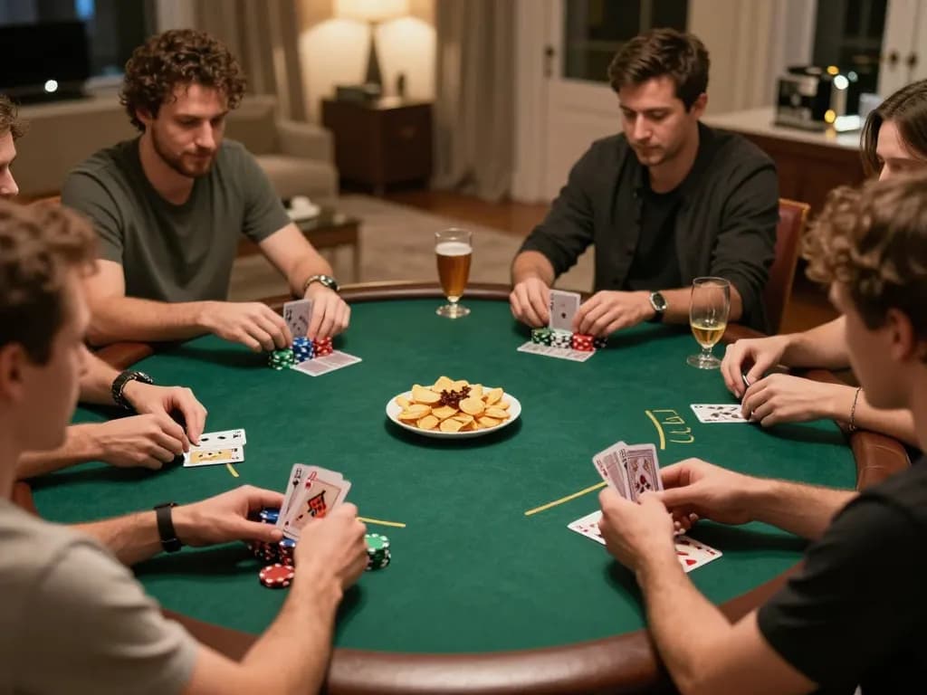 IDNSCORE players enjoying an engaging poker night with chips, cards, and warm lighting