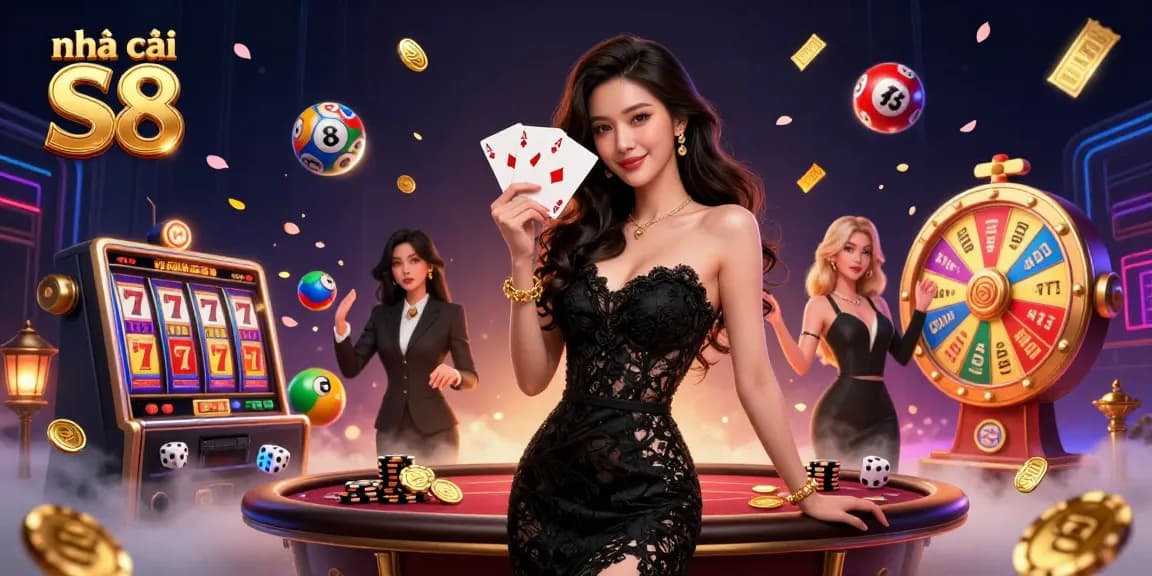 Experience the thrill of nhà cái S8 with vibrant casino gaming elements and a captivating dealer.