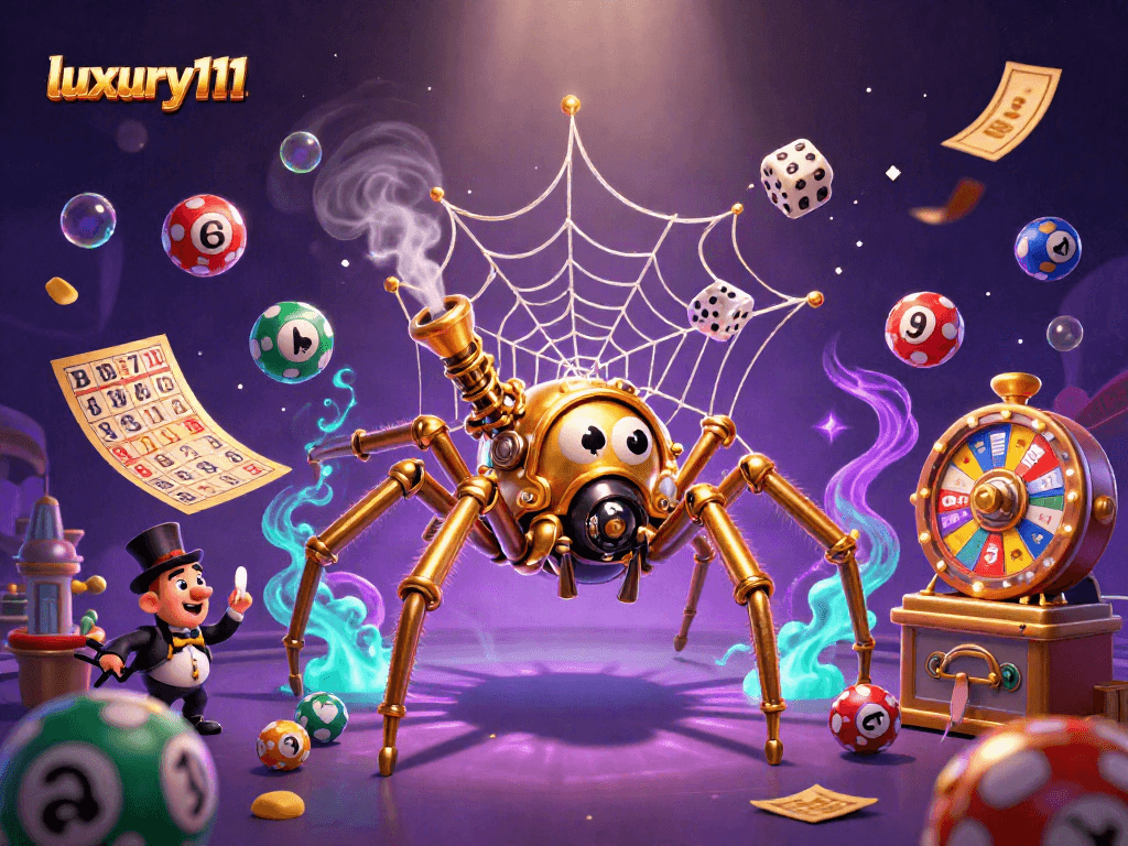 Experience luxury111 in a vibrant 3D digital illustration of a steampunk spider and casino elements.