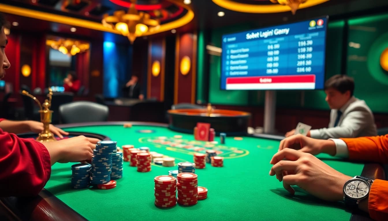 Experience sbobet login terbaru at an elegant casino betting table surrounded by confident gamblers.
