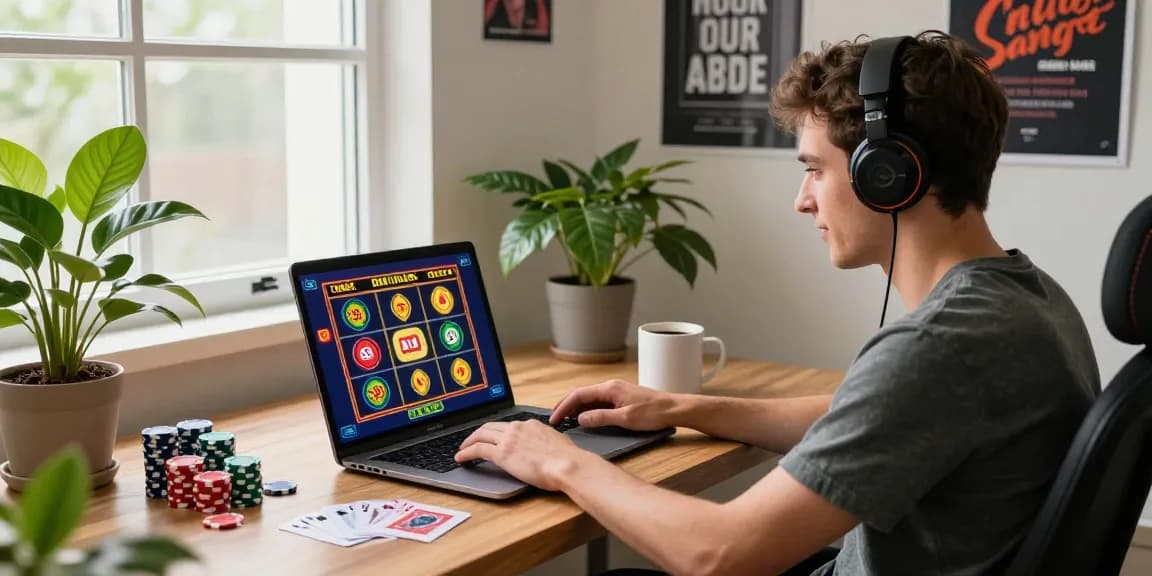 Person using tempototo login on a laptop in a lively home office setting, surrounded by gaming elements.