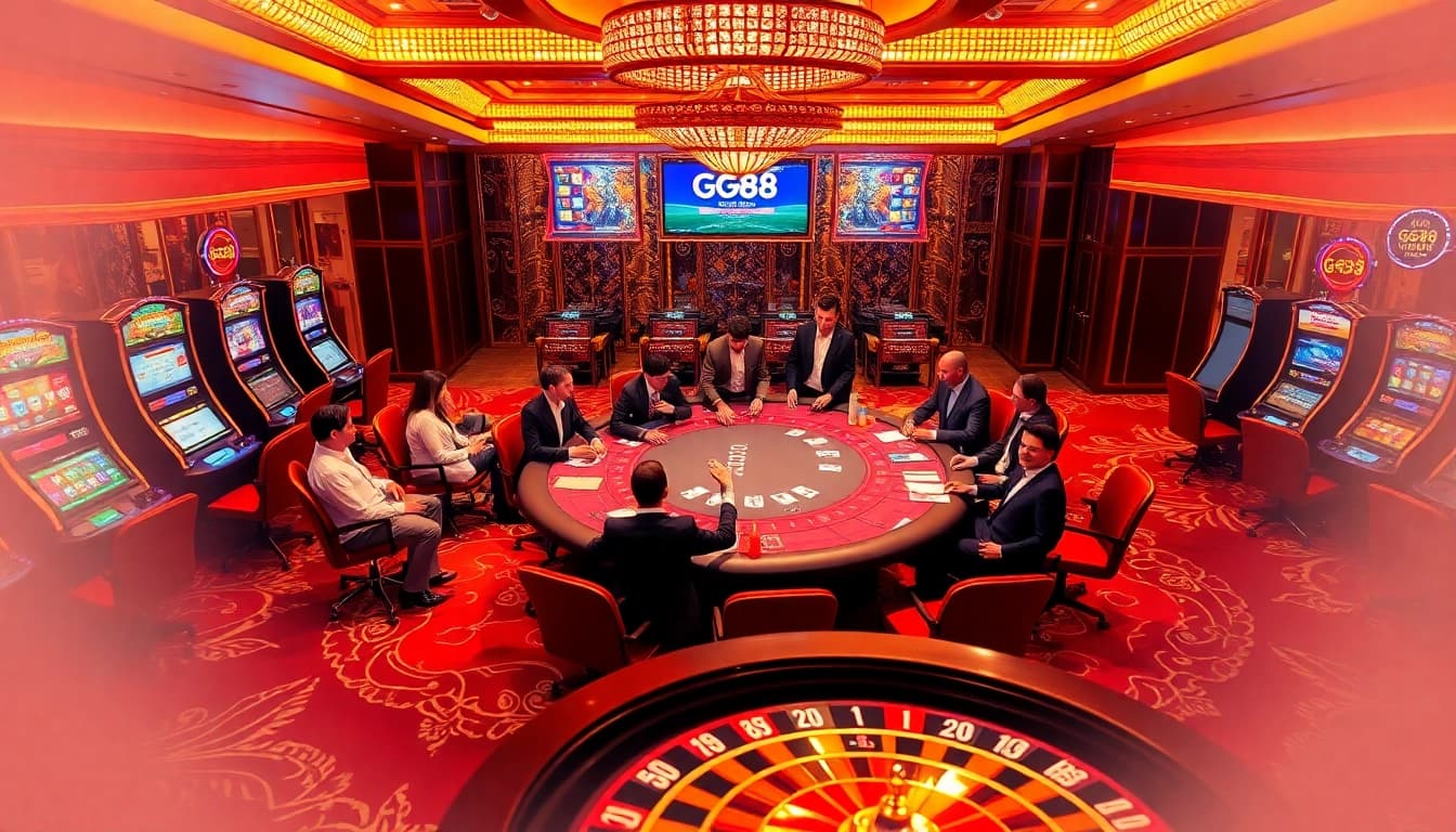Experience the excitement of GG88 in a luxurious casino setting, featuring a vibrant poker table and dynamic players.
