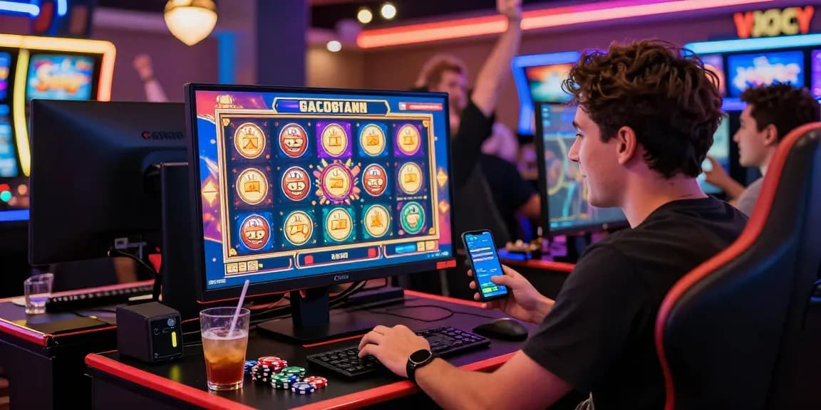 Exciting scene of player celebrating a win on slot gacor game at an online casino setup.