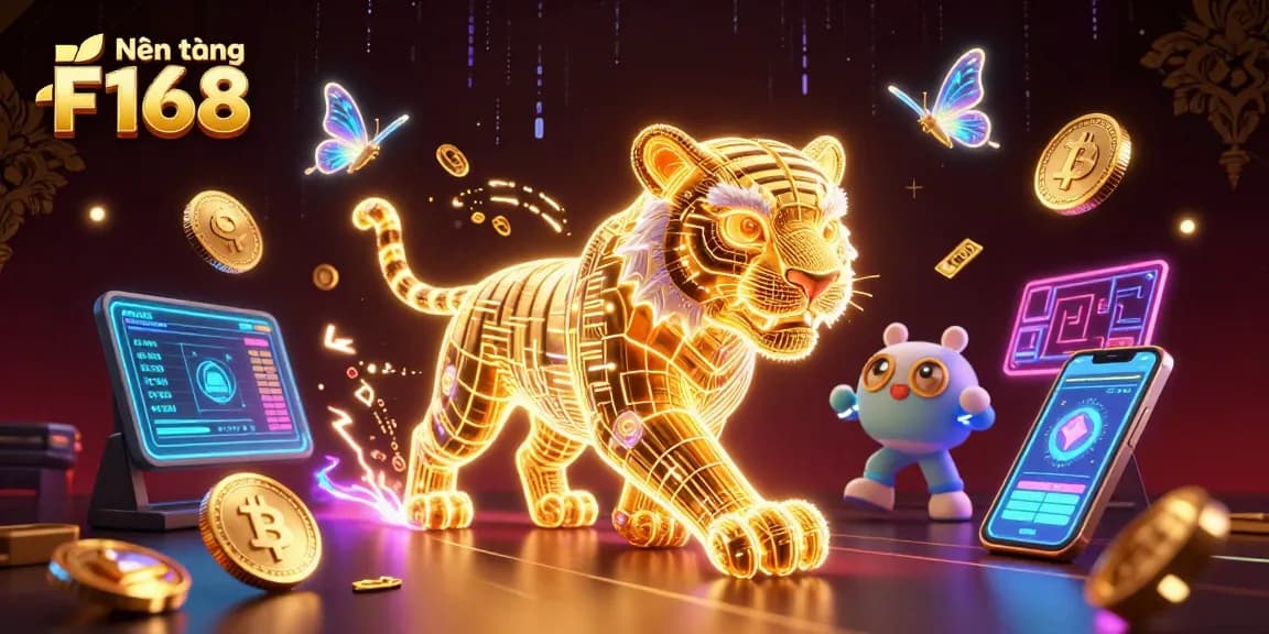 Experience the excitement of Nền tảng F168 with a vibrant digital casino scene featuring a golden tiger and crypto elements.
