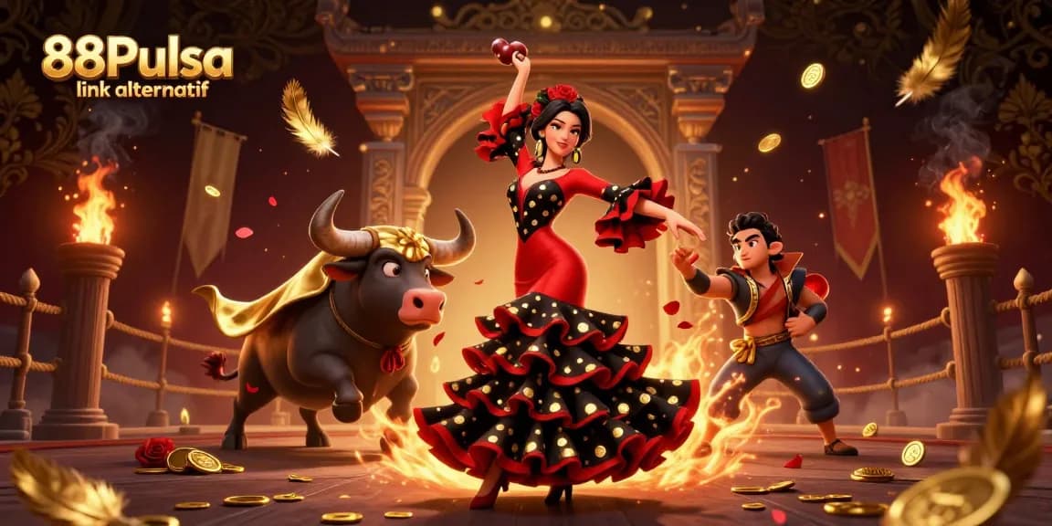 Rasakan kegembiraan dari link alternatif 88Pulsa dengan visual kasino yang cerah menampilkan penari flamenco.