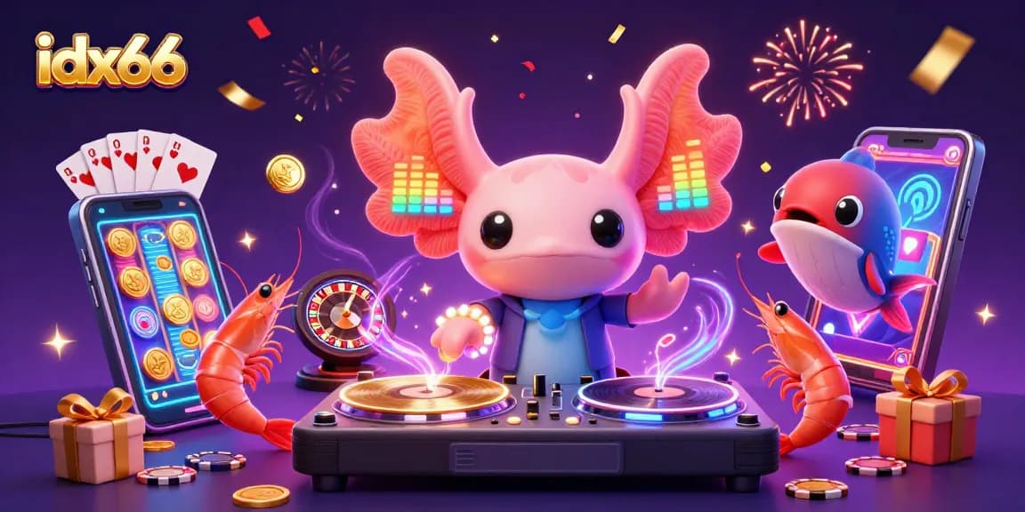 Merayakan permainan slot dengan idx66, aksolotl DJ neon dan udang menari, penuh koin emas.