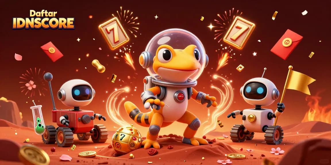 Experience excitement with Daftar IDNSCORE showcasing a cartoon Martian gecko at a golden casino.