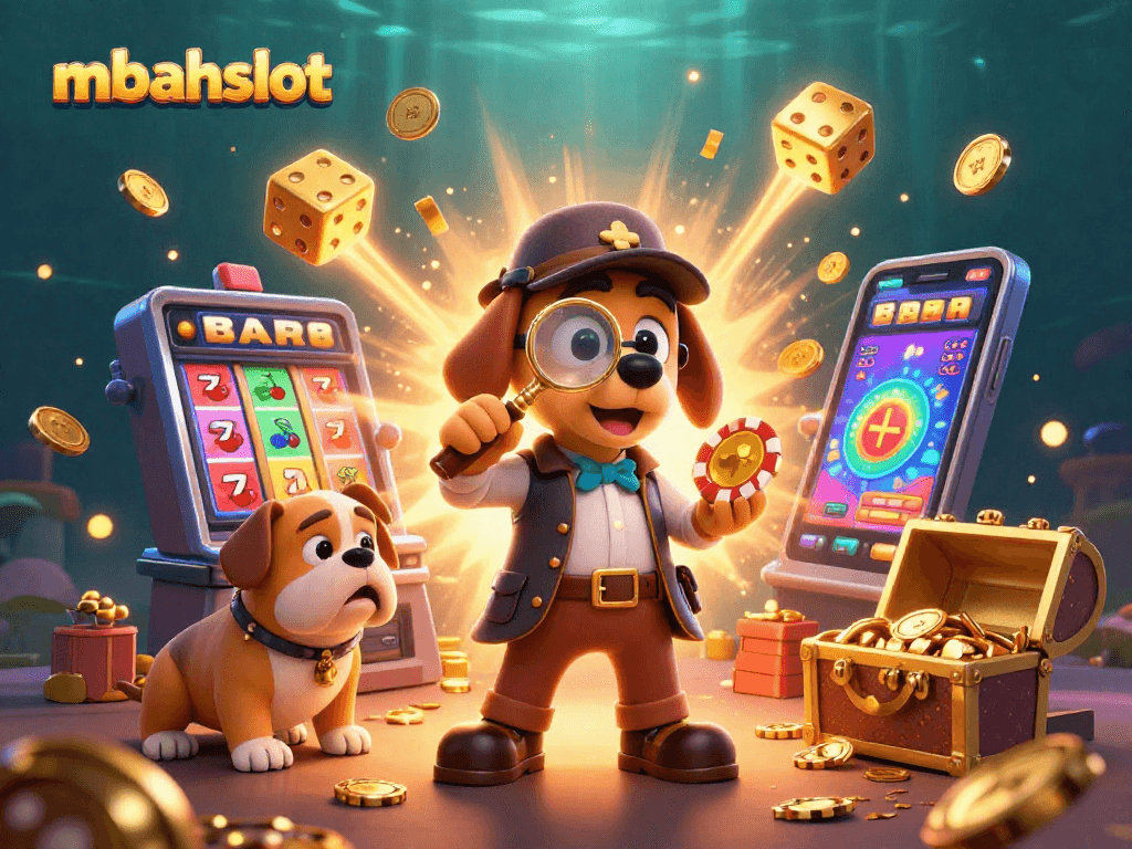 Mbahslot mengamati chip poker emas dengan karakter anjing detektif dan bulldog, dikelilingi slot yang meledak dengan koin.