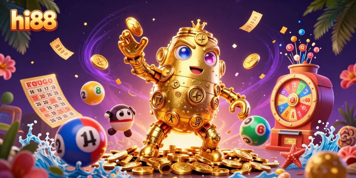 Join the excitement at hi88 with our golden golem surrounded by vibrant lottery elements.