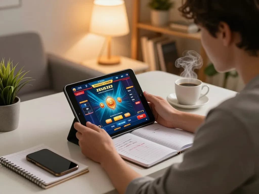Engaging player enjoying ZEUS222 online casino game on a tablet in a cozy home setting.