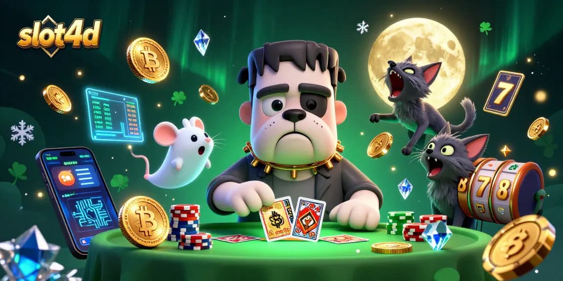 Mainkan slot4d di meja kartu yang menarik dengan karakter kartun yang menakutkan dan elemen kasino lainnya.