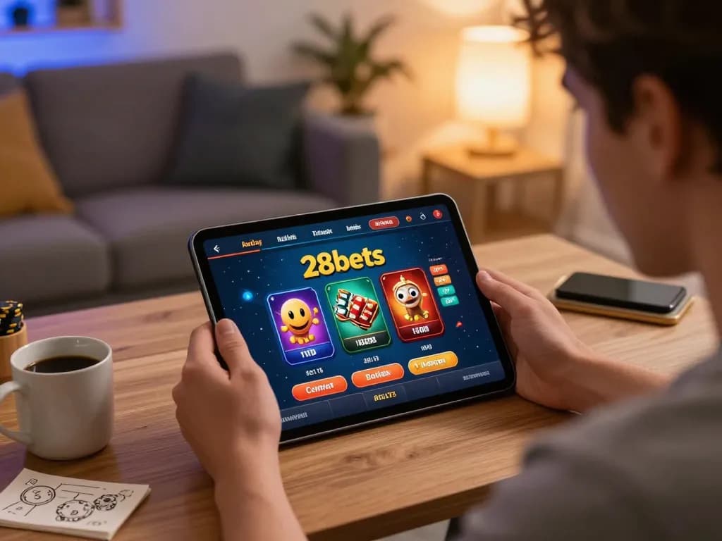 Player enjoying a thrilling experience at 28bets casino using a tablet for online gaming