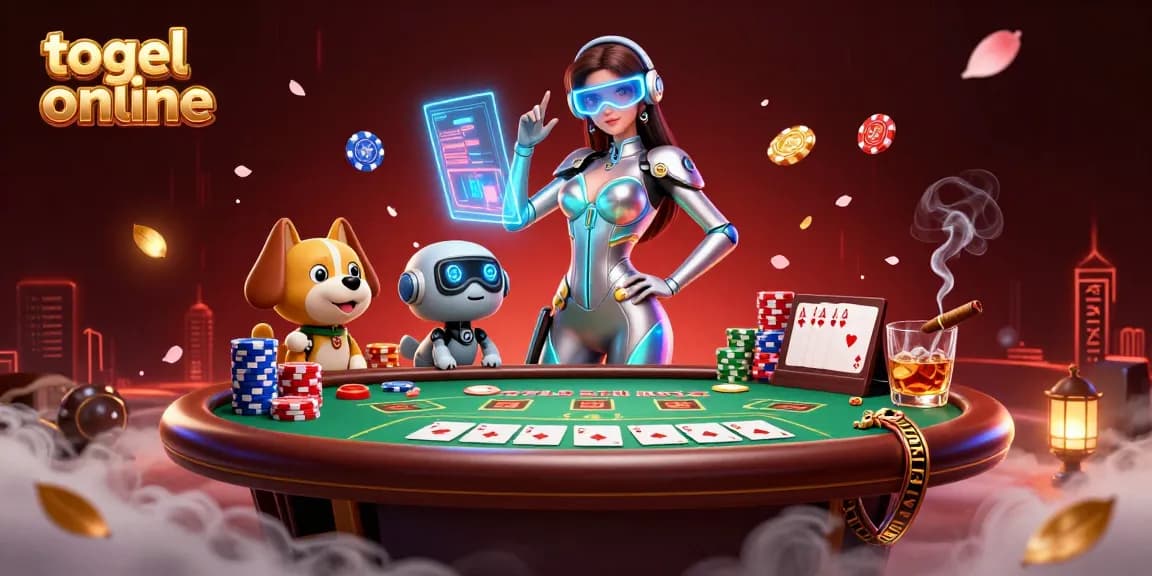 Rasakan aksi togel online yang mendebarkan dengan wanita menawan dalam busana futuristik, dikelilingi oleh elemen poker.