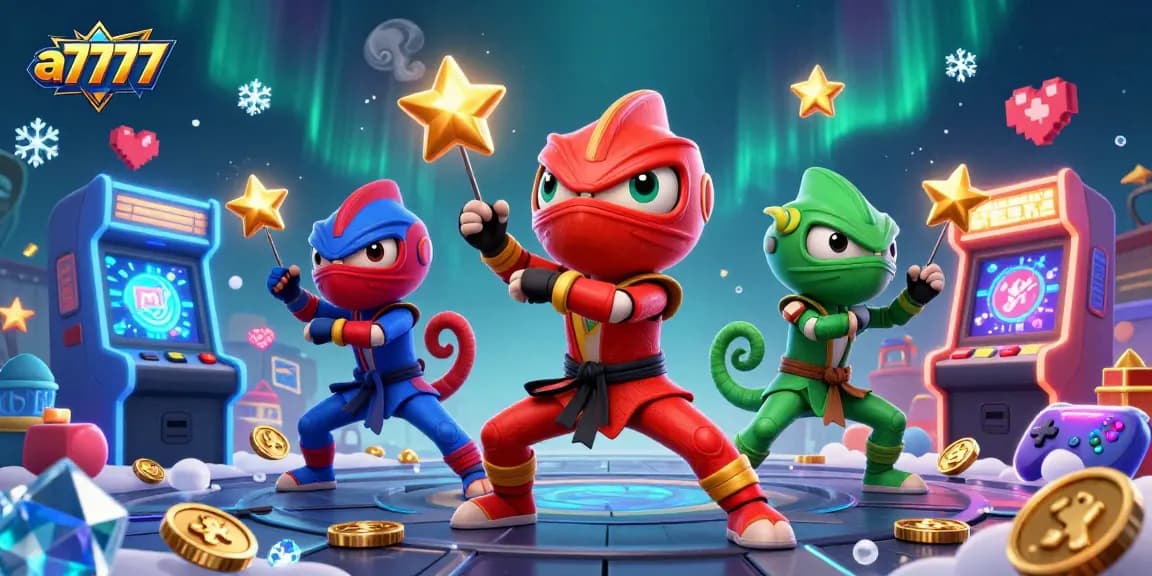 a7777 ninja chameleons performing casino martial arts with arcade machines