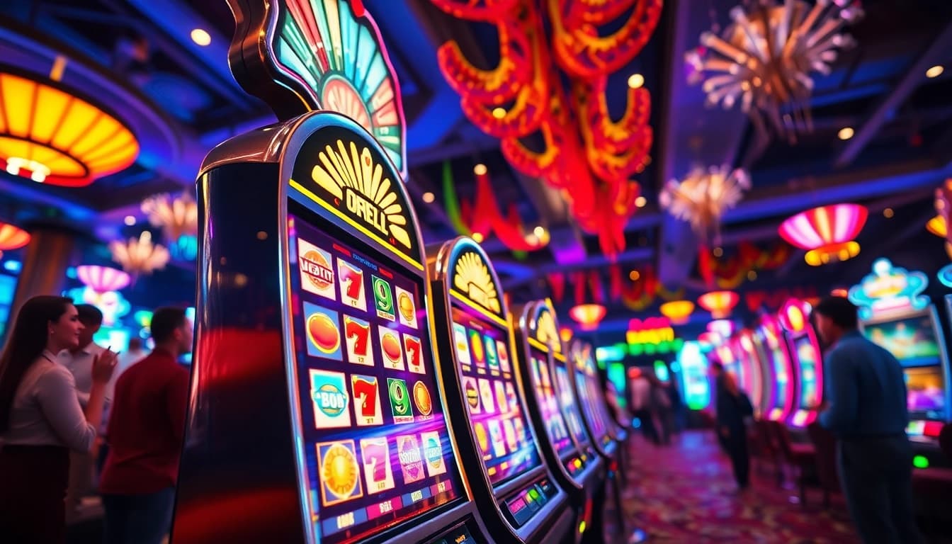 Putaran slot yang menarik di mesin kasino dengan lampu cerah, dan pemain antusias.