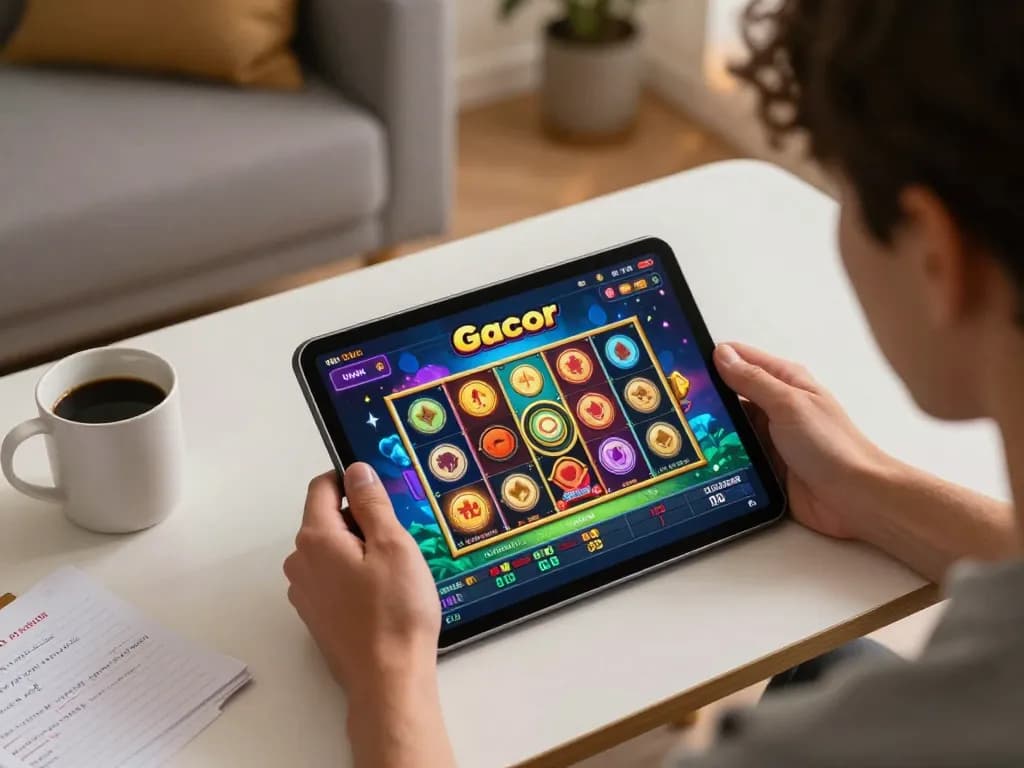 Berinteraksi dengan link slot gacor di tablet saat bermain di rumah, menyoroti perjudian online modern.