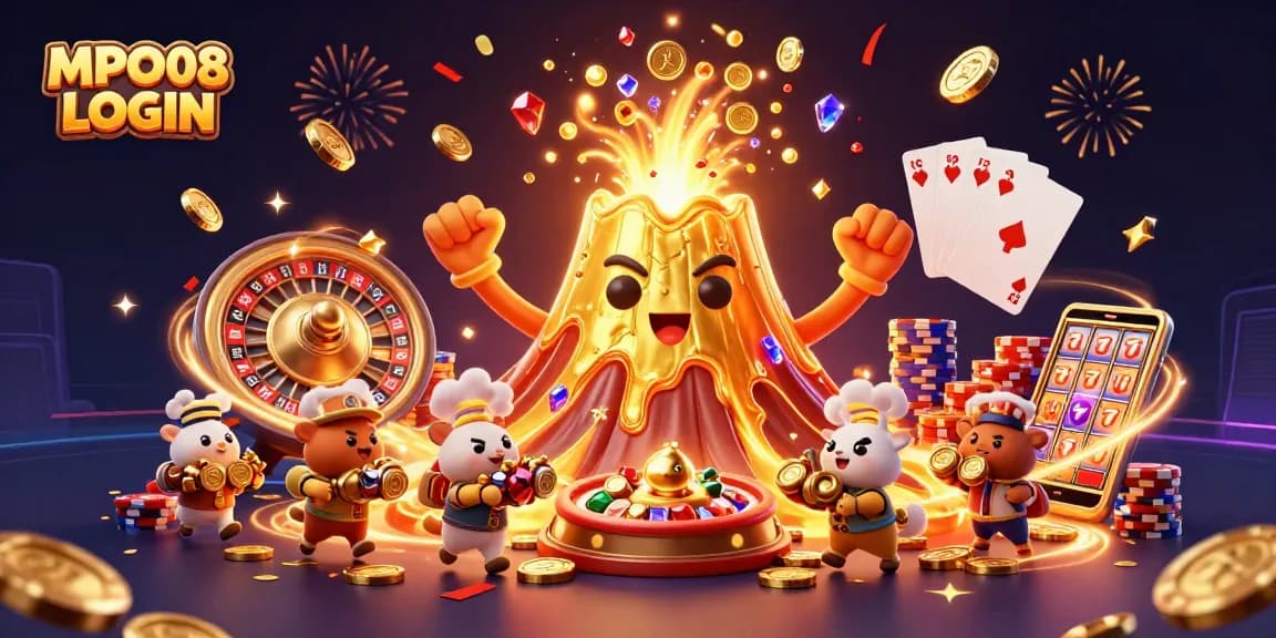 The dynamic scene presents MPO08 LOGIN, showcasing a triumphant golden volcano erupting coins and gems, surrounded by a rich array of gambling elements.