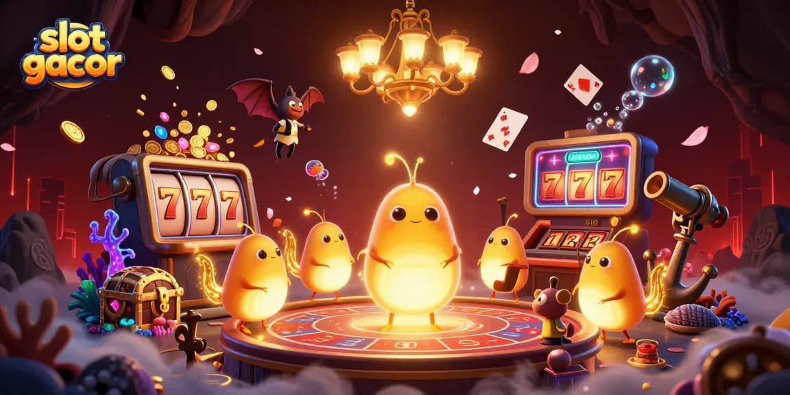 Permainan slot gacor dikelilingi oleh karakter cahaya kunang-kunang dalam kasino gua yang cerah, menghadirkan keberuntungan dalam suasana perjudian.