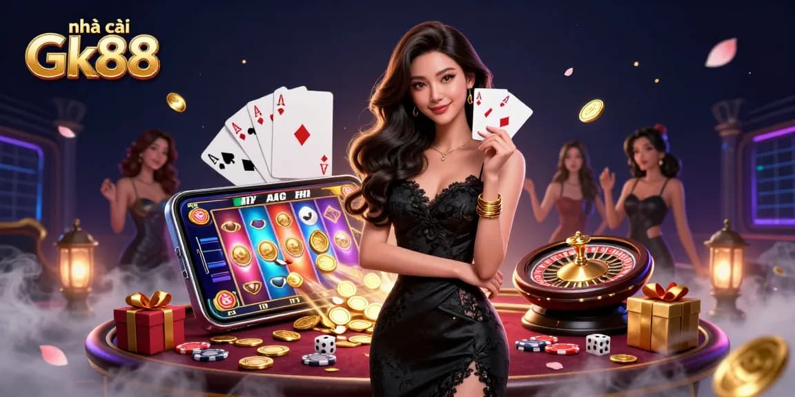 Engage with the house of Gk88 through playful action with ace cards and a vivid casino scene.