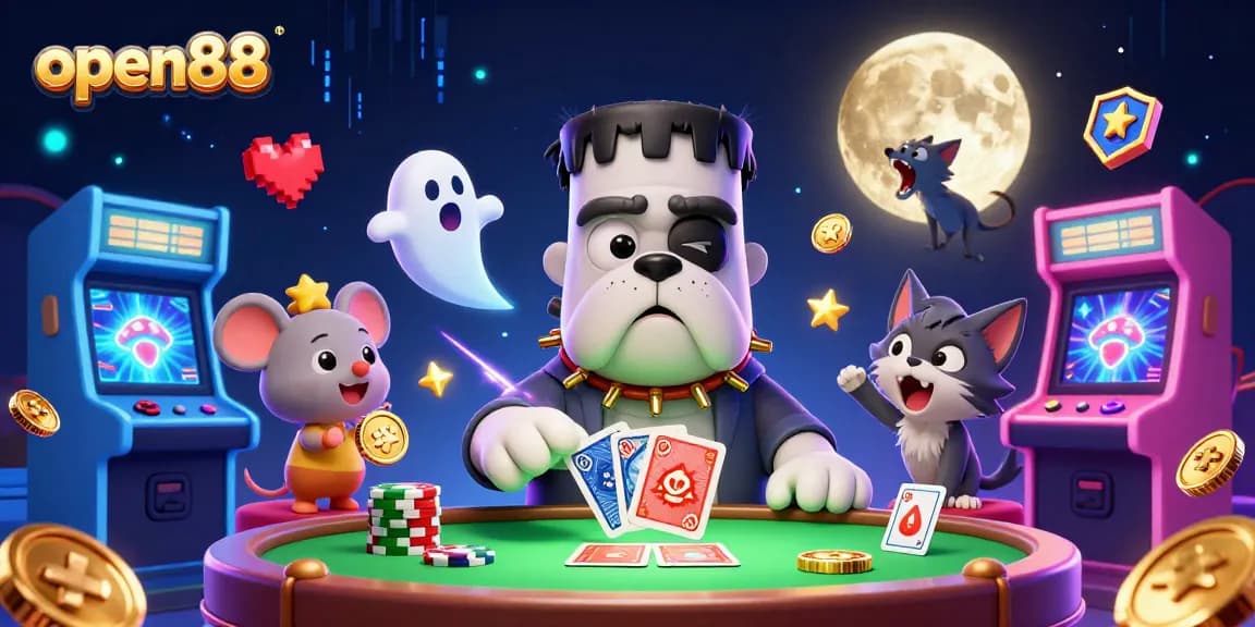 Engage in thrilling gameplay at open88, where a Frankenstein bulldog dealer mixes cards amidst neon-lit casino excitement.