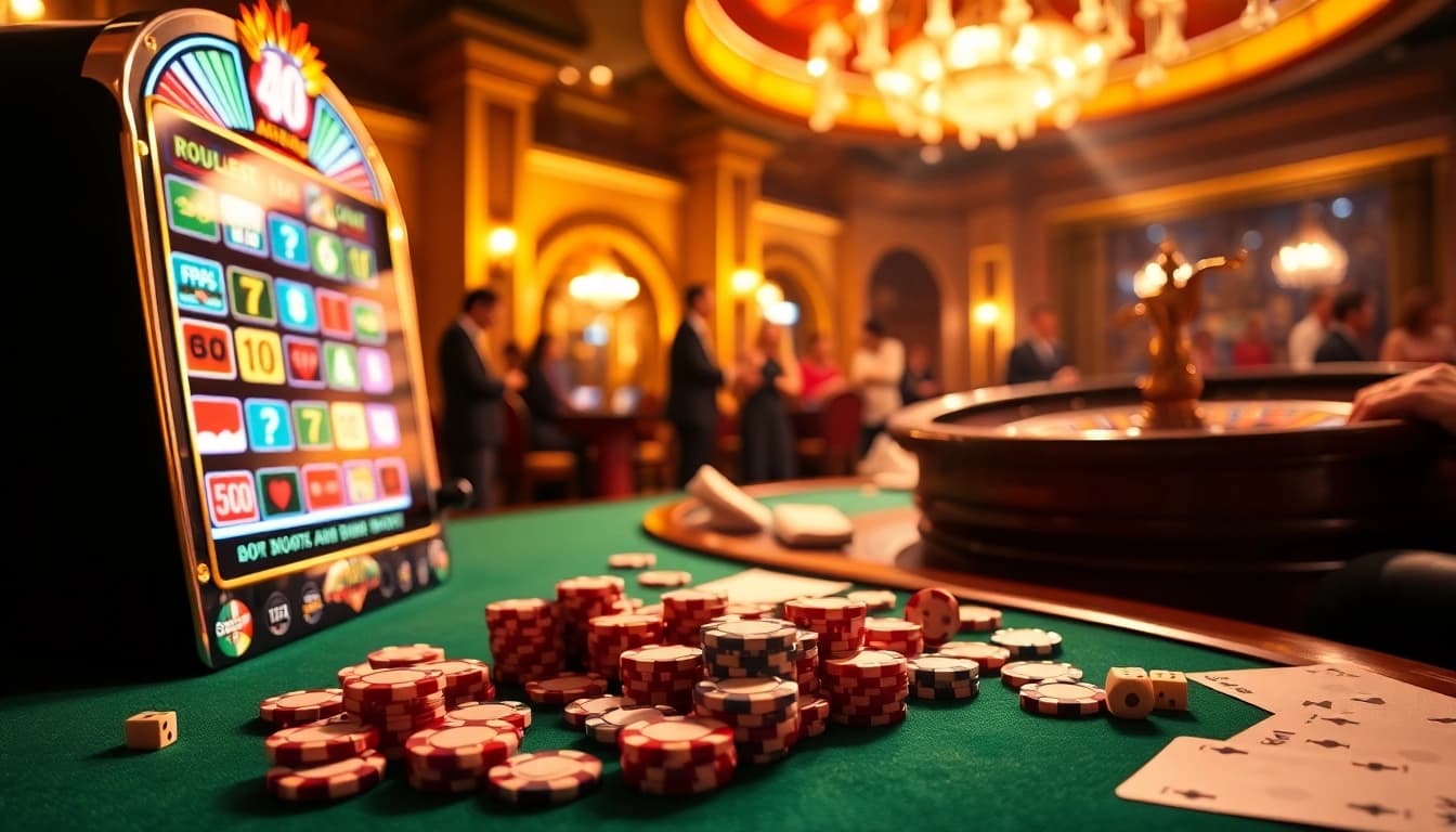 jagoan86 slot machine and vibrant casino scene with excited players and roulette wheel