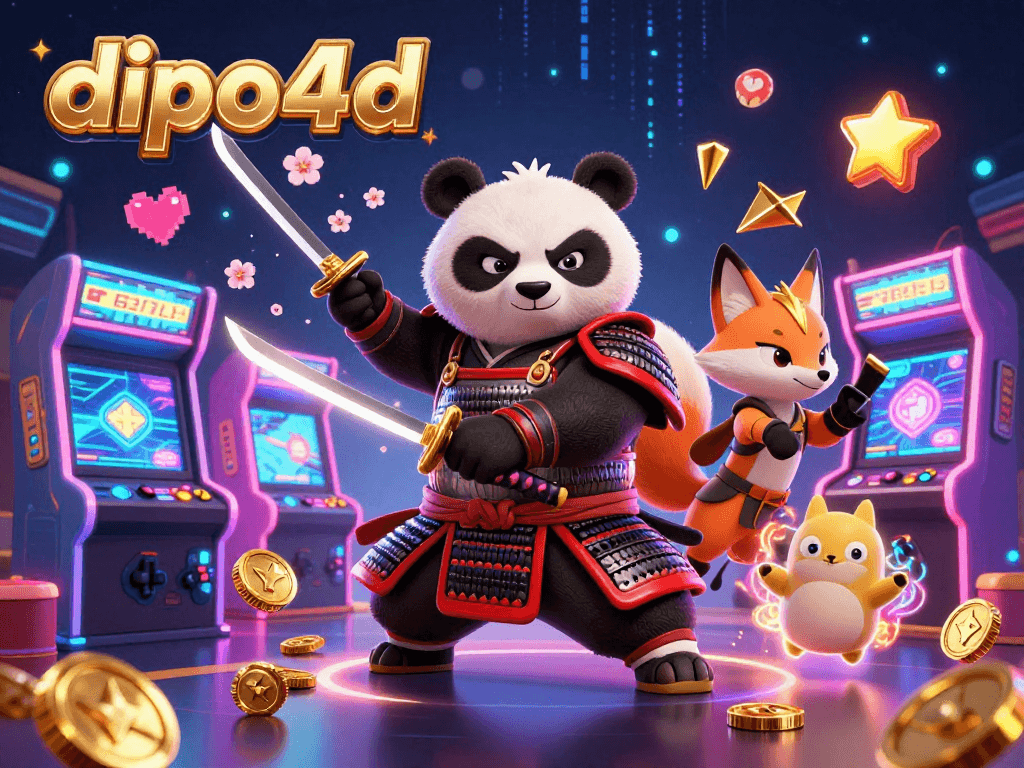 Experience the excitement of dipo4d with a captivating samurai panda and ninja fox in a vibrant casino scene.