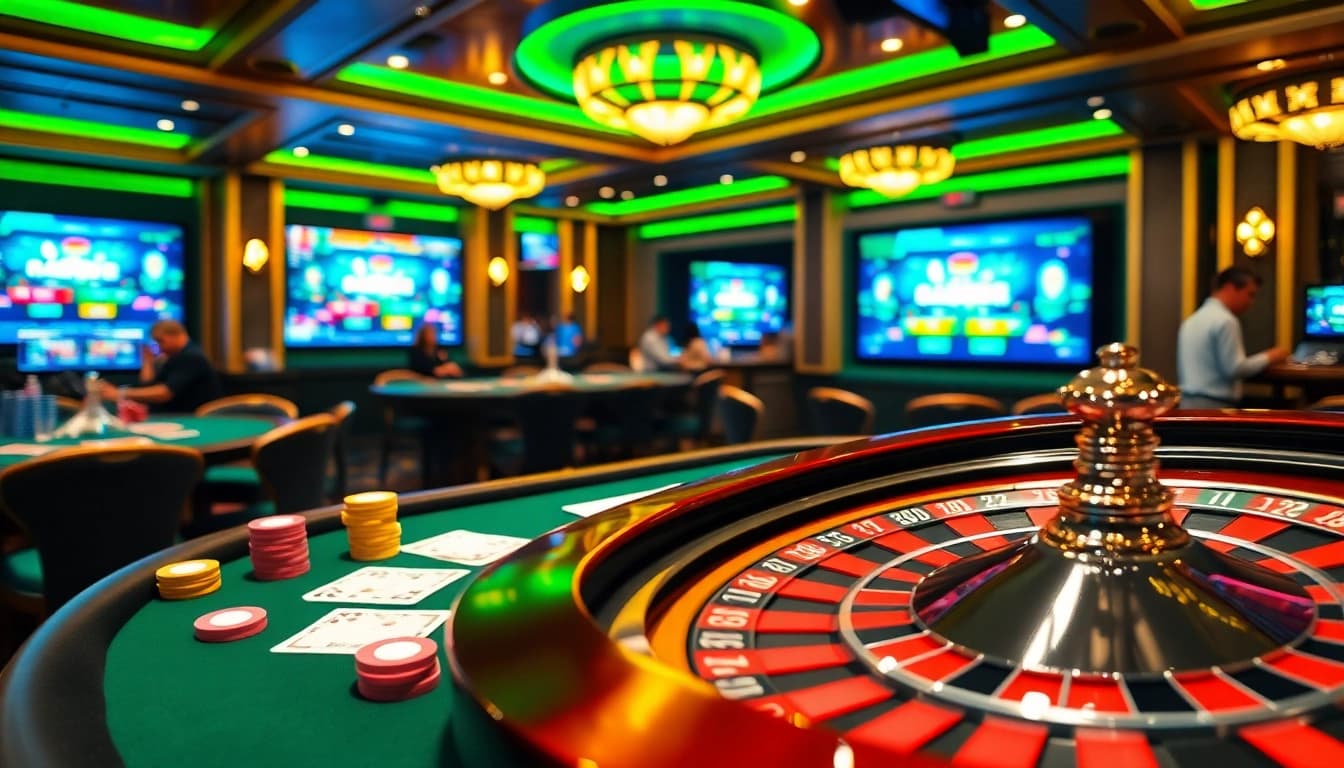Bertaruh di situs gacor dengan meja kasino yang cerah dan chip poker yang hidup.